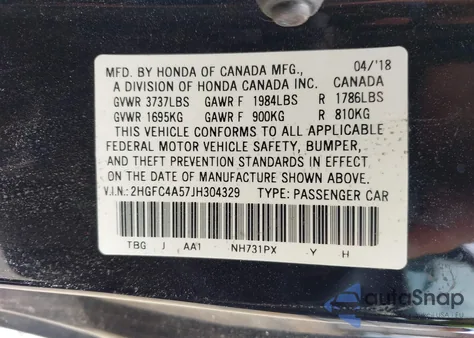 2018 Honda Civic Lx from USA, damaged, VIN 2HGFC4A57JH304329